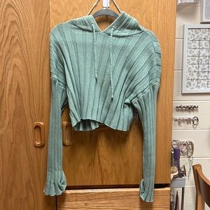 Mint Rolled Sleeve Cropped Lightweight Hoodie Sweater